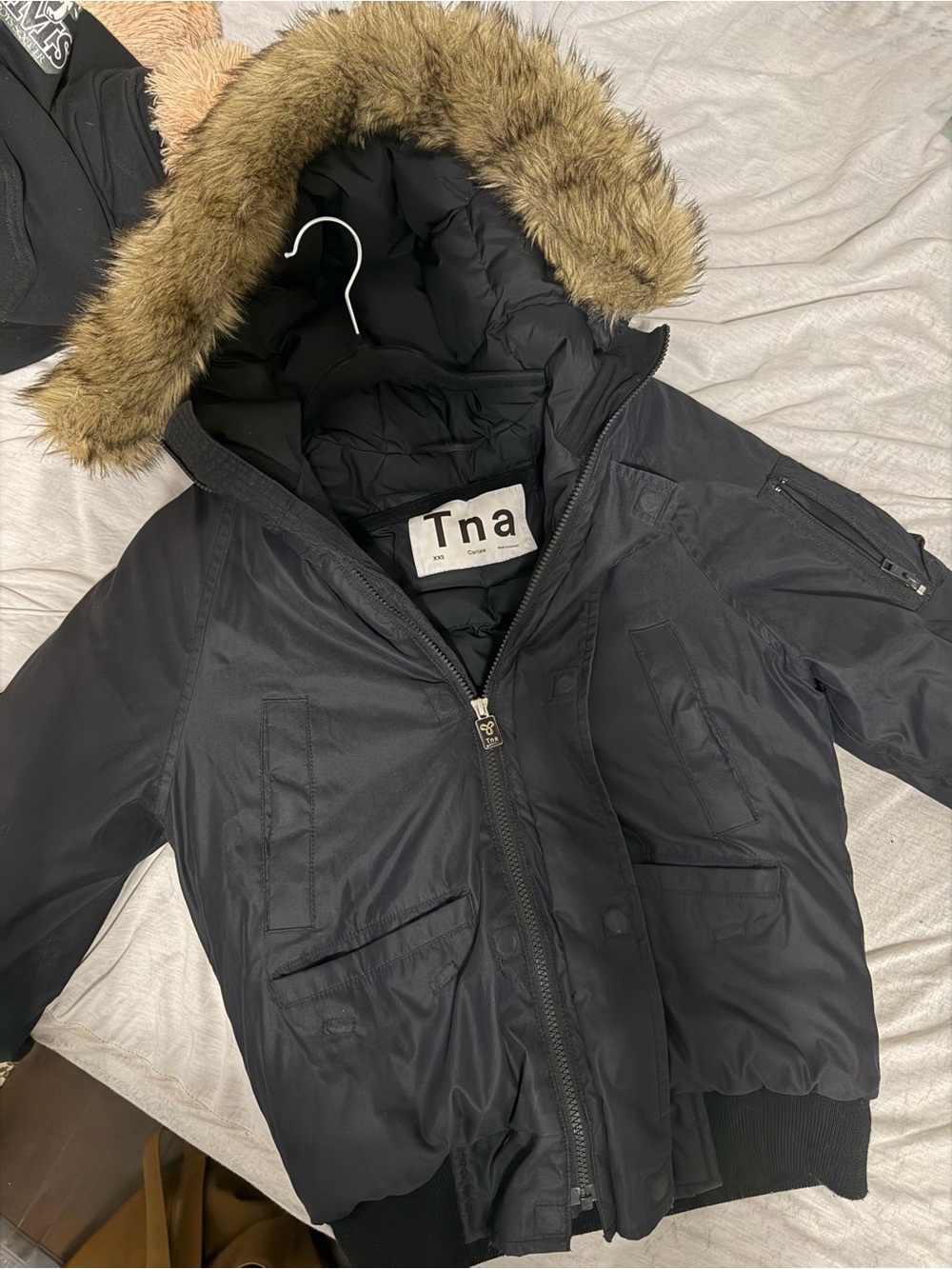 TNA Black Puffer Jacket with Faux Fur Trim Hood